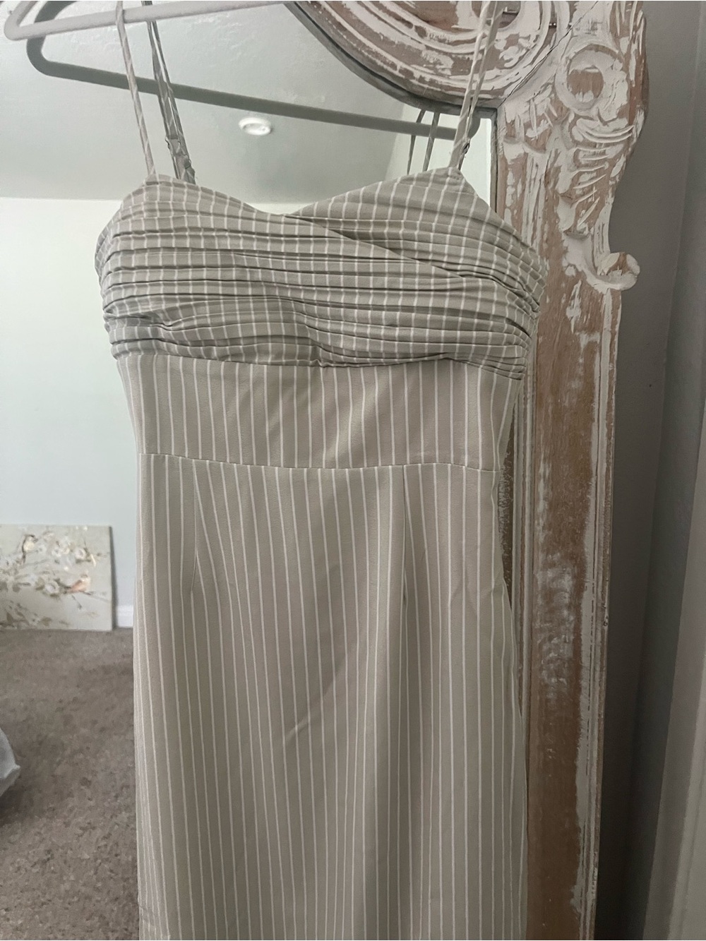 Women’s Strapless Taupe Pinstripe Midi Dress